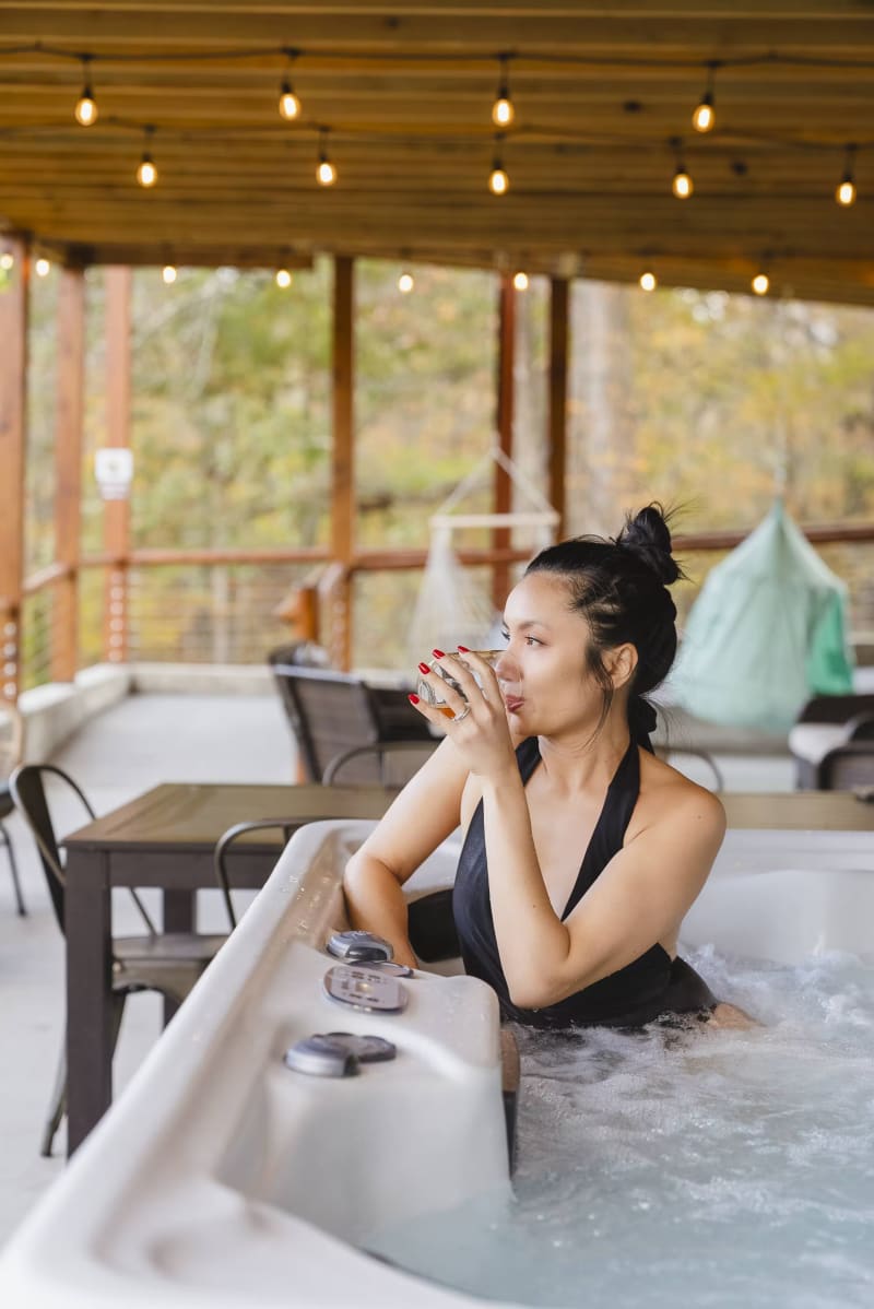 Pool house lodge hot tub morning coffee string lights