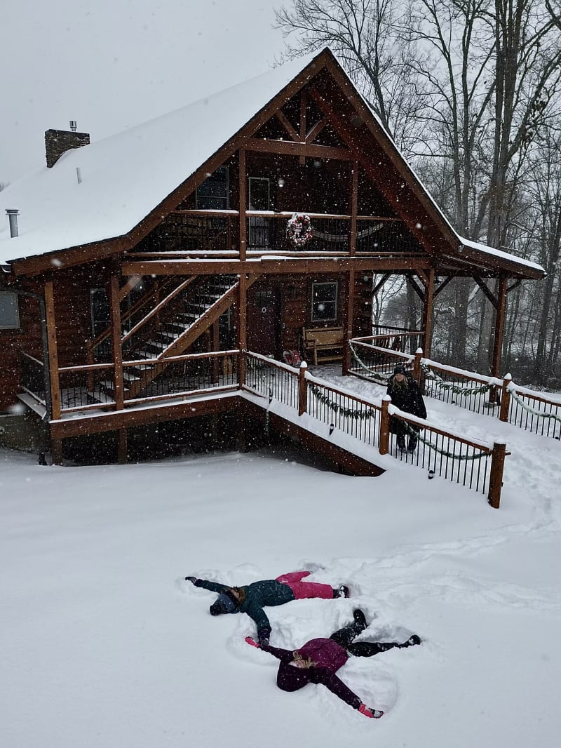 Pool house lodge kids snow angels winter lodge front