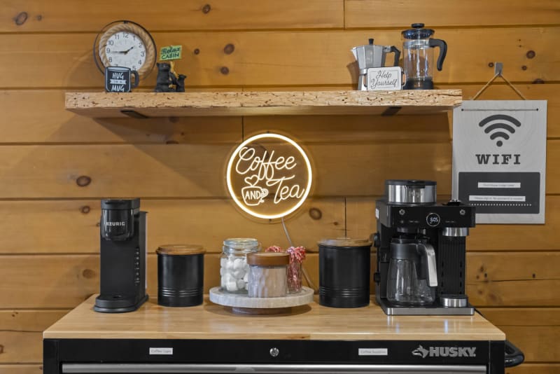Pool house lodge kitchen coffee tea bar keurig neon sign