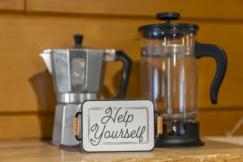 Pool house lodge kitchen french press moka pot help yourself sign