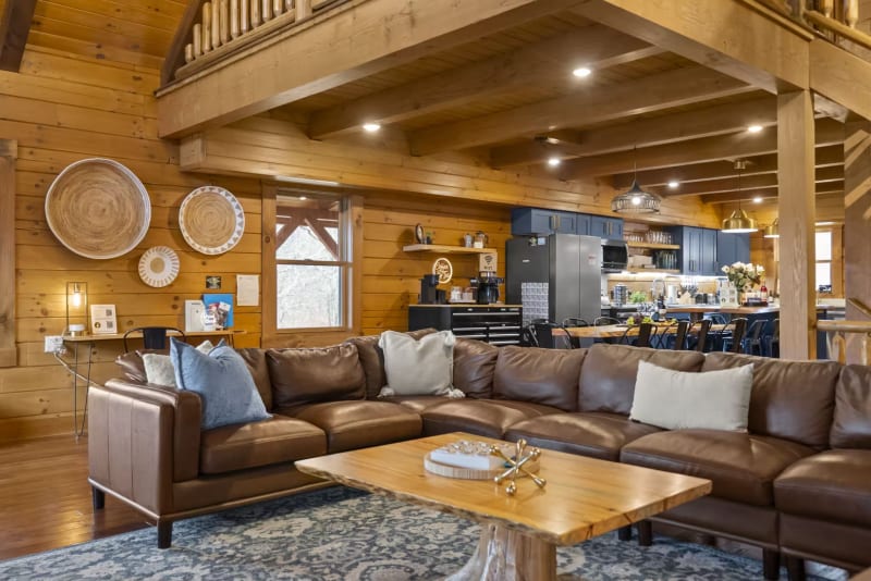 Pool house lodge living room sectional kitchen coffee bar view