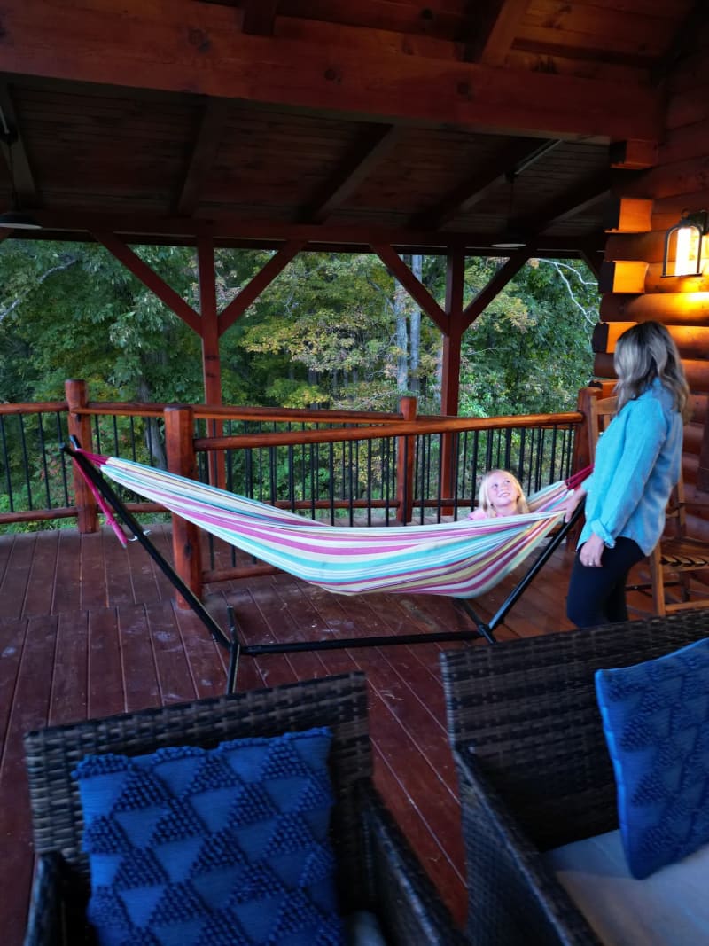 Pool house mom kid on hammock