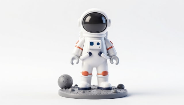 Small astronaut figure standing on a grey moon against white