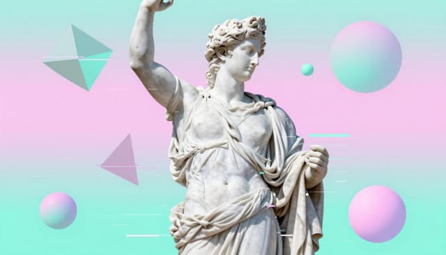 Classical marble statue against a pastel vaporwave sky
