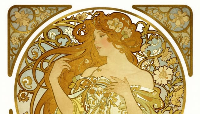 Art nouveau portrait framed by golden flowers
