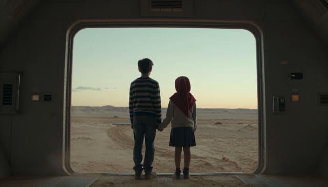 Two children holding hands in the open doorway of a spacecraft, looking out over a desert at dusk