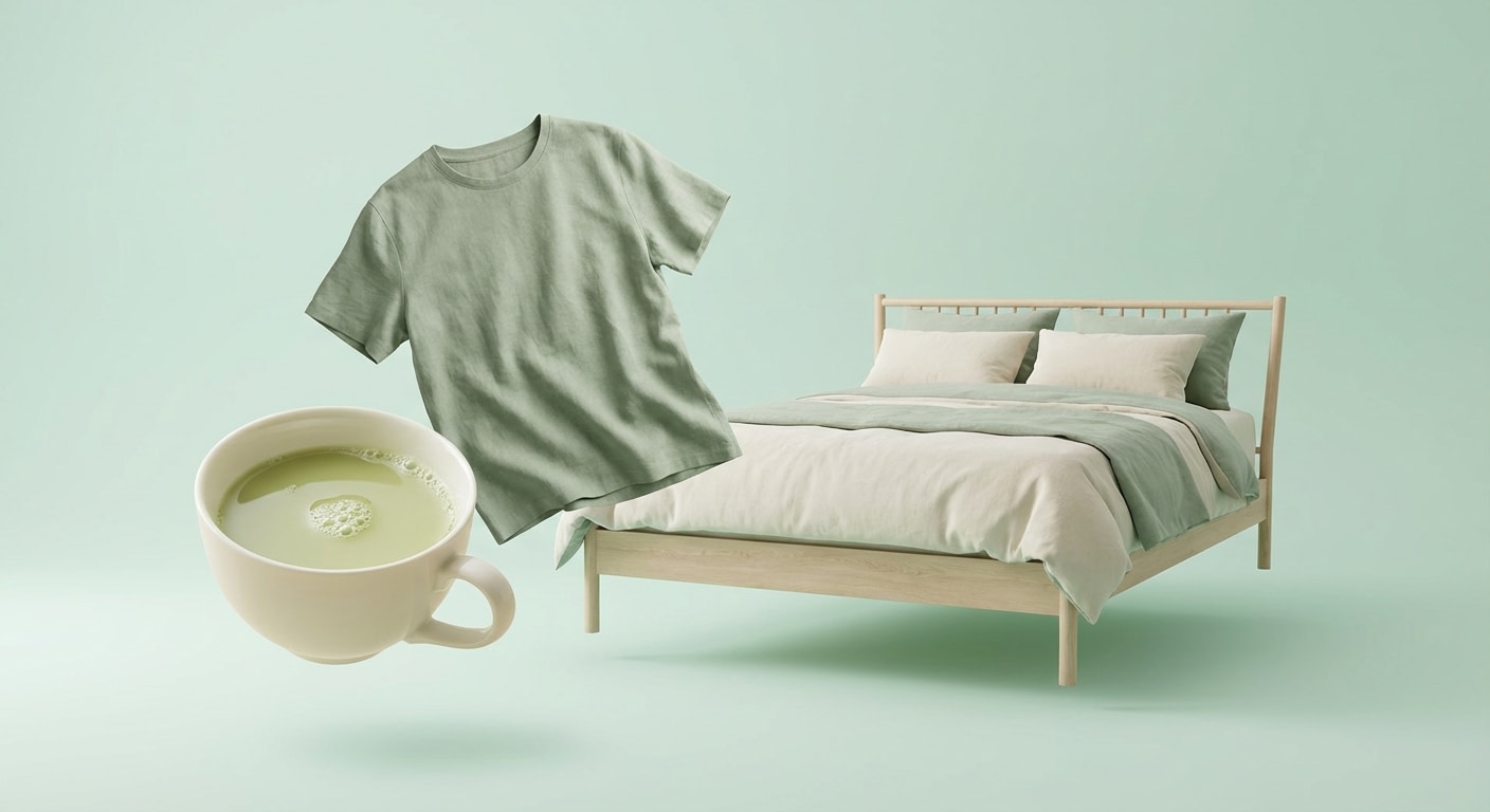 A cup of tea, comfortable clothes, and this lovely bed. AI image template preview