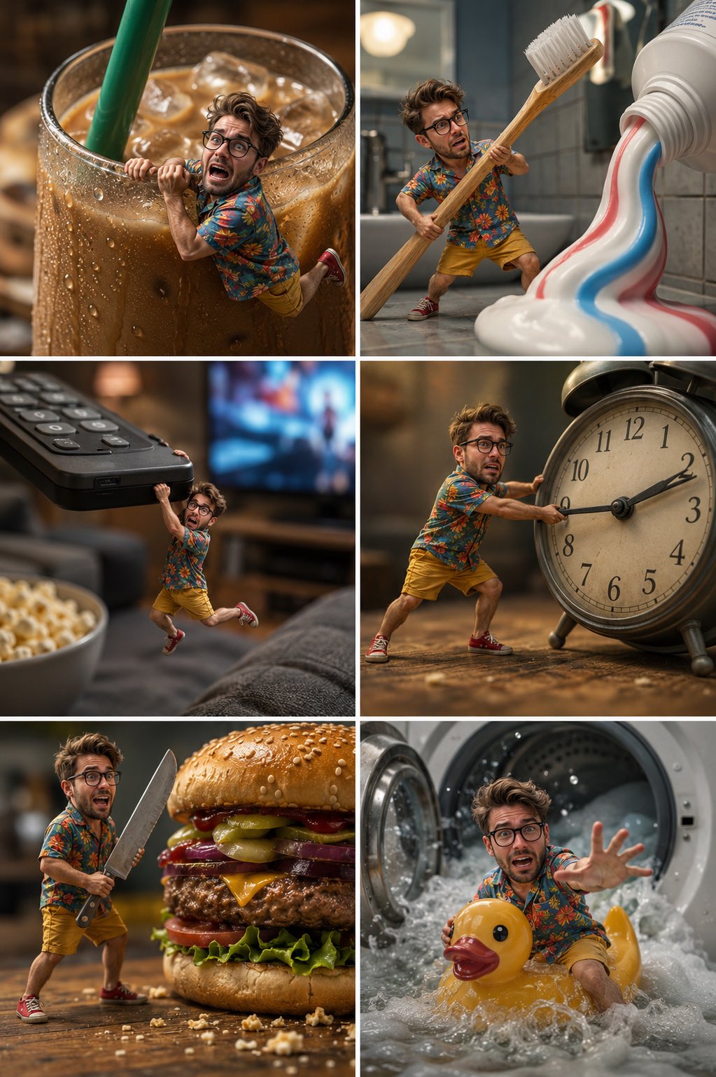 Tiny Man Macro Survival Six-Panel Collage AI image template preview