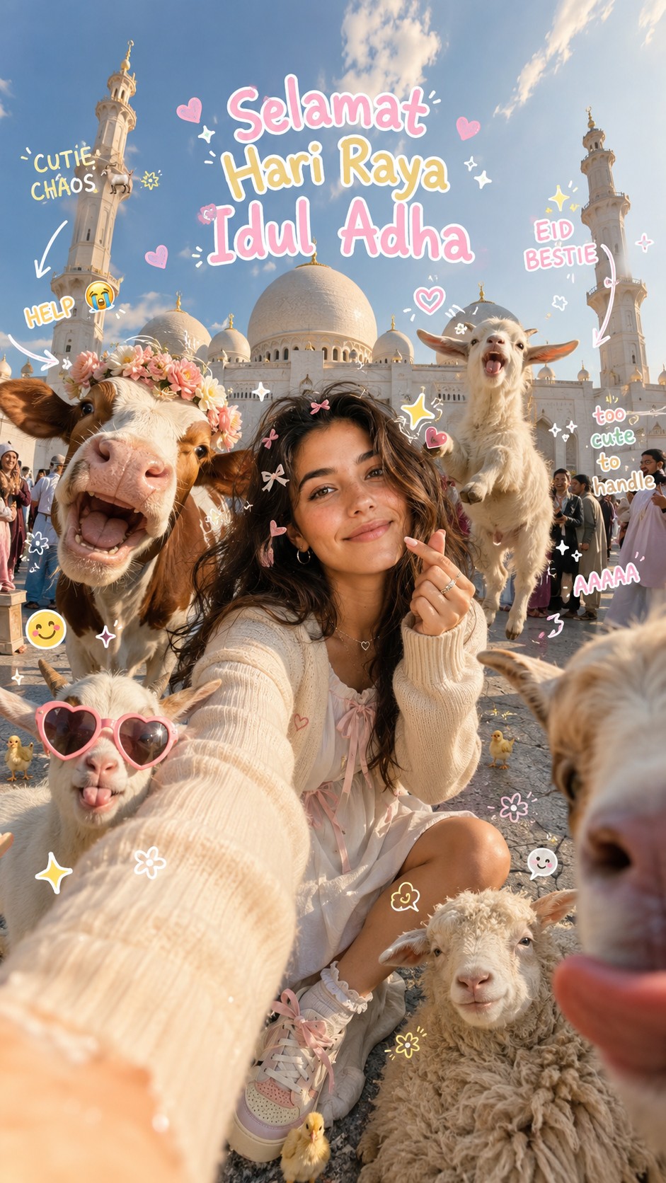 Eid al-Adha Cute Chaos — Fisheye Selfie with Farm Selfie, Mosque & Animals AI image template preview