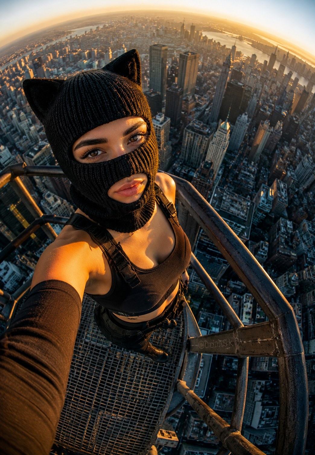 Rooftop Fisheye — Cat-Ear Balaclava at Golden Hour AI image template preview