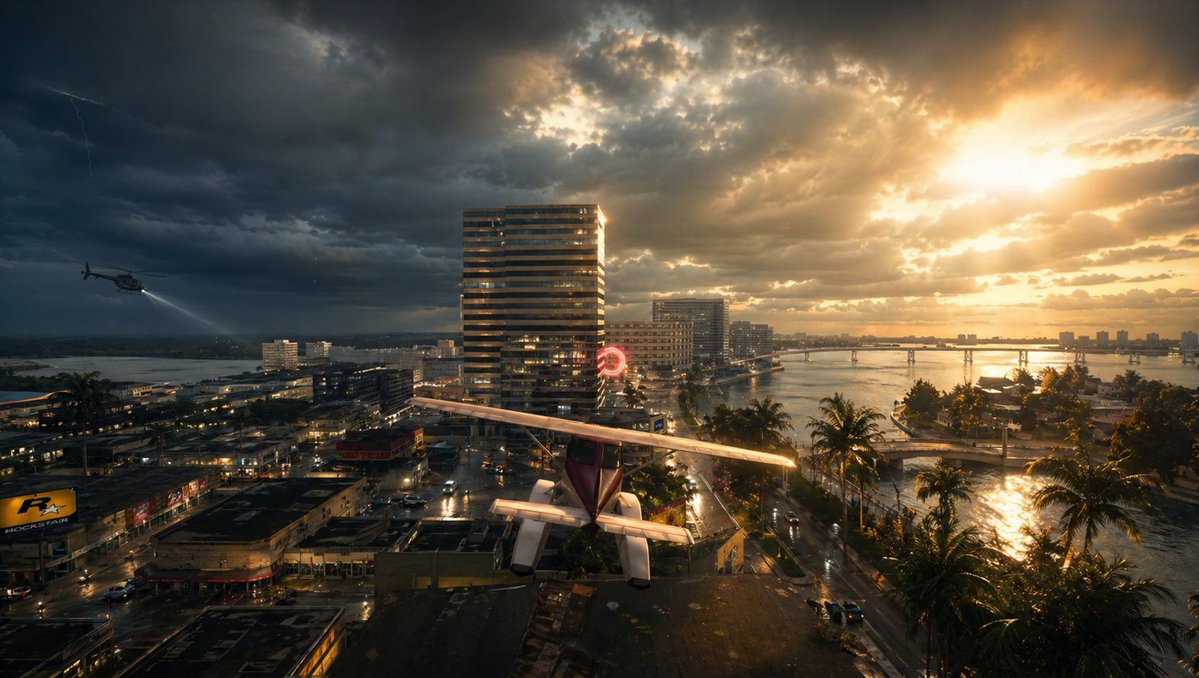 gpt2-comic-storyboard-stormy-tropical-city-with-rooftop-plane AI image template preview