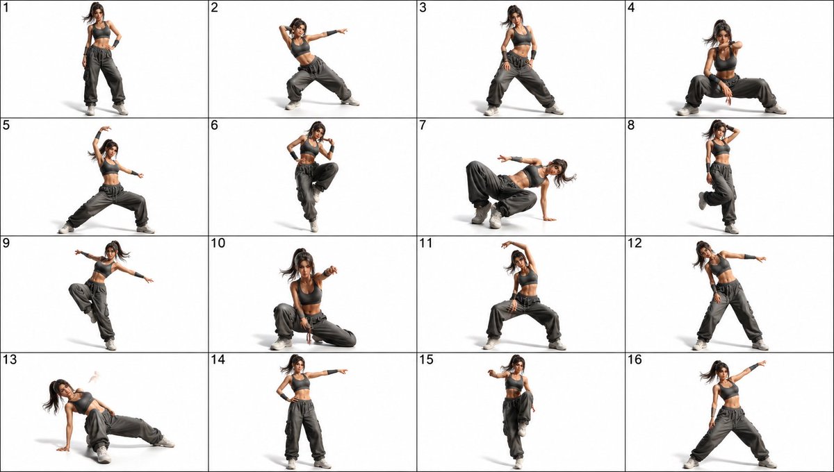 gpt2-comic-storyboard-16-panel-female-dance-pose-sheet AI image template preview