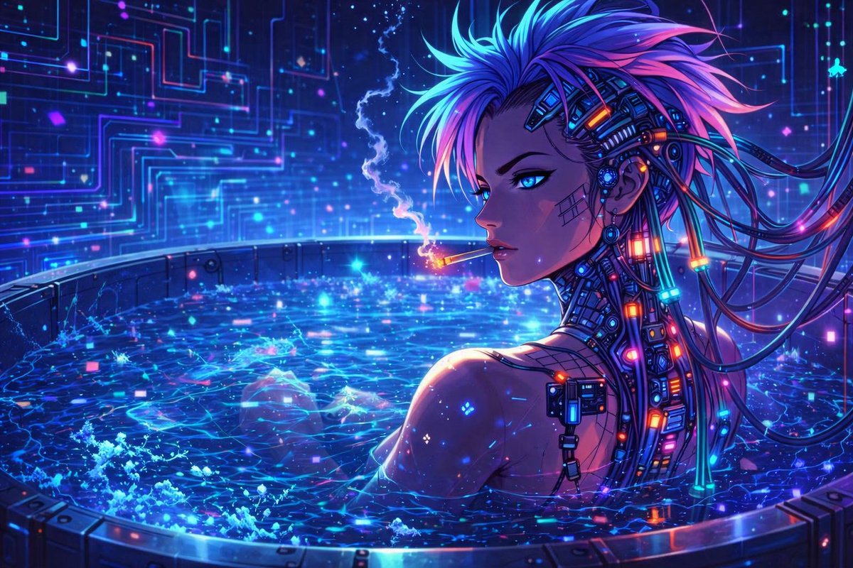 Cyberpunk Anime Character in Neon Tub AI image template preview