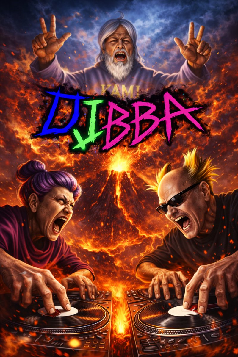 Intense Elderly DJ Volcano Poster AI image template preview
