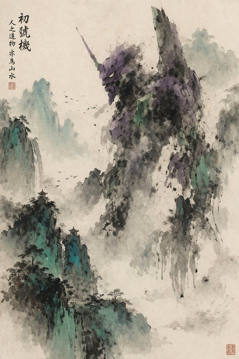 Mecha Ink Wash Landscape Painting AI image template preview