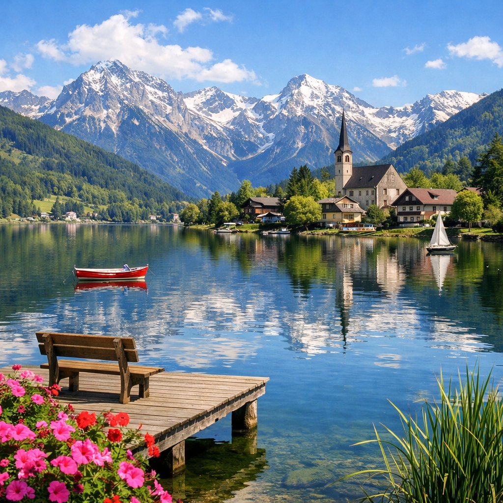 Idyllic Alpine Lake Village Landscape AI image template preview