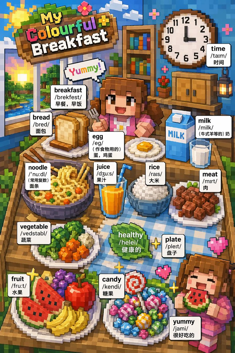 Voxel Art Bilingual Breakfast Vocabulary Poster AI image template preview