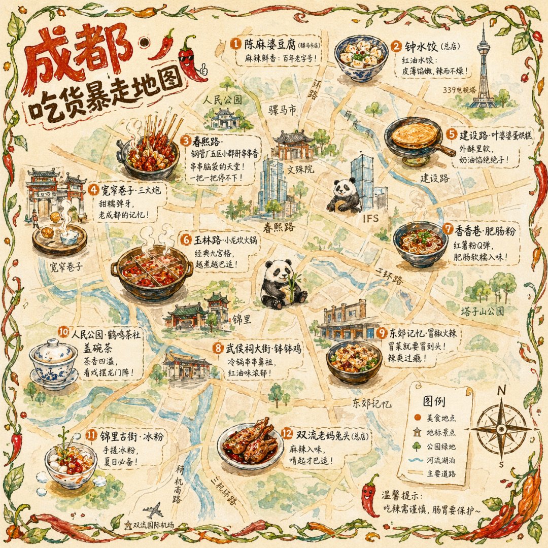 Hand-drawn Chengdu Food Map AI image template preview