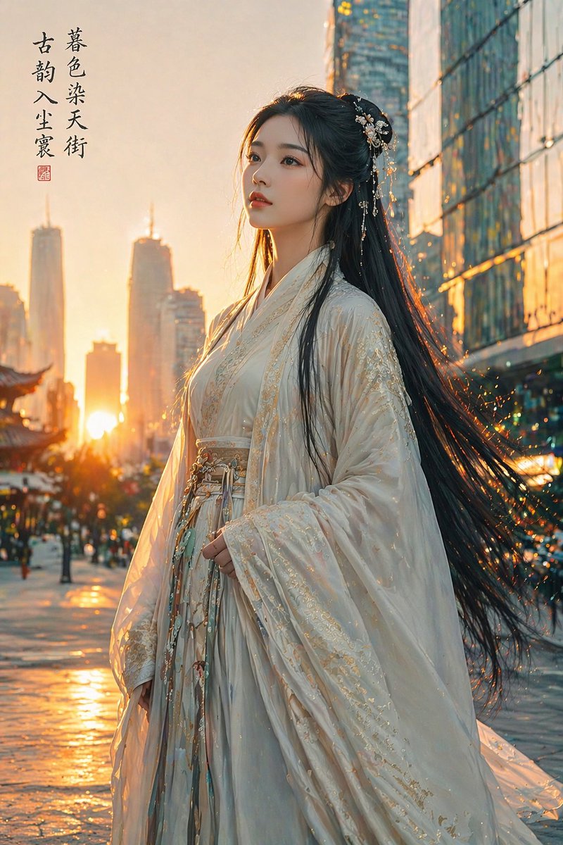 Classical Beauty in Modern Urban Sunset AI image template preview