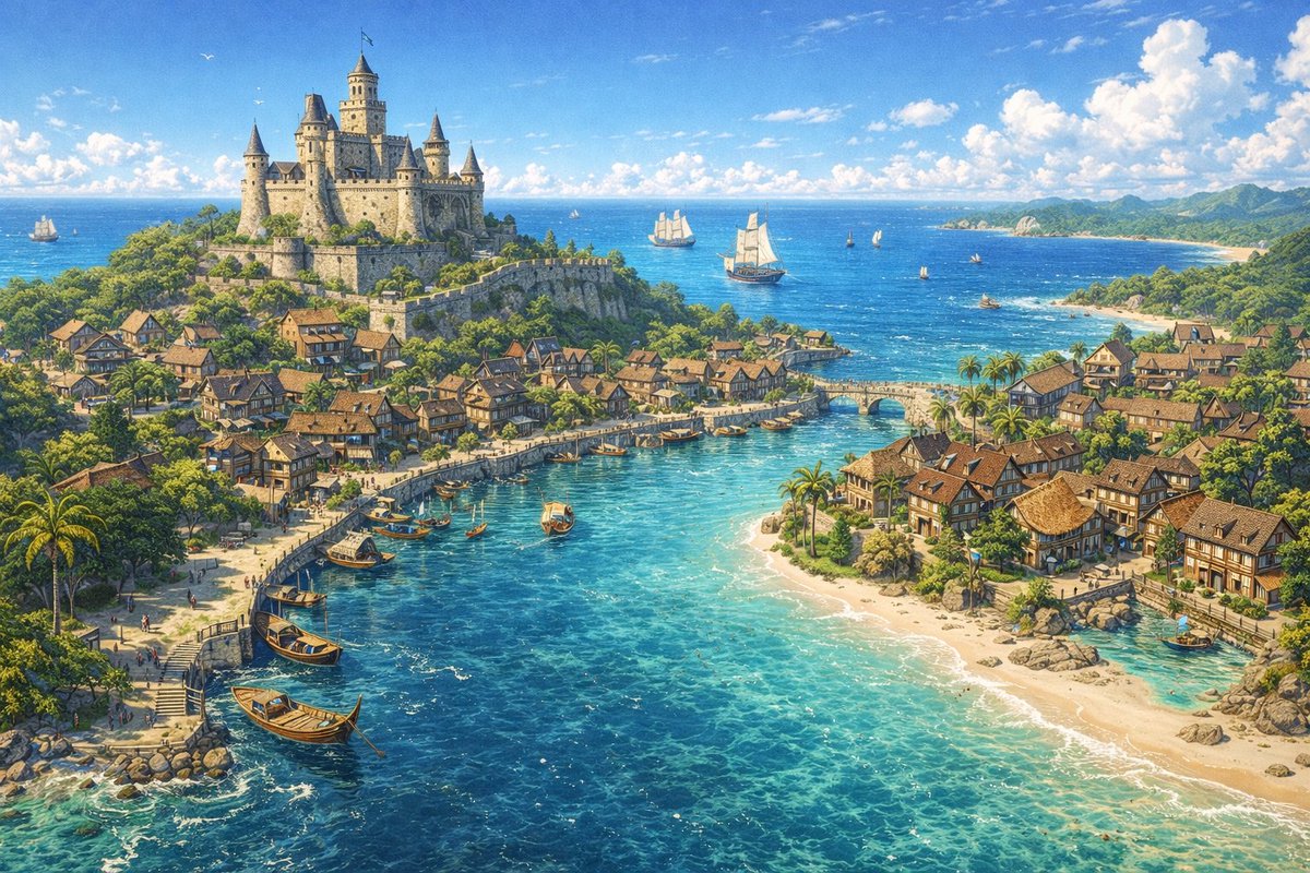 Fantasy Coastal City Landscape AI image template preview