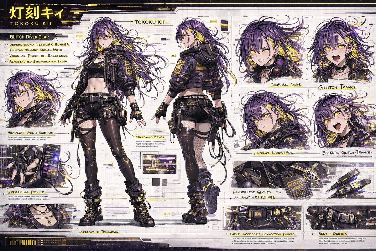 Cyberpunk Anime Character Concept Sheet AI image template preview