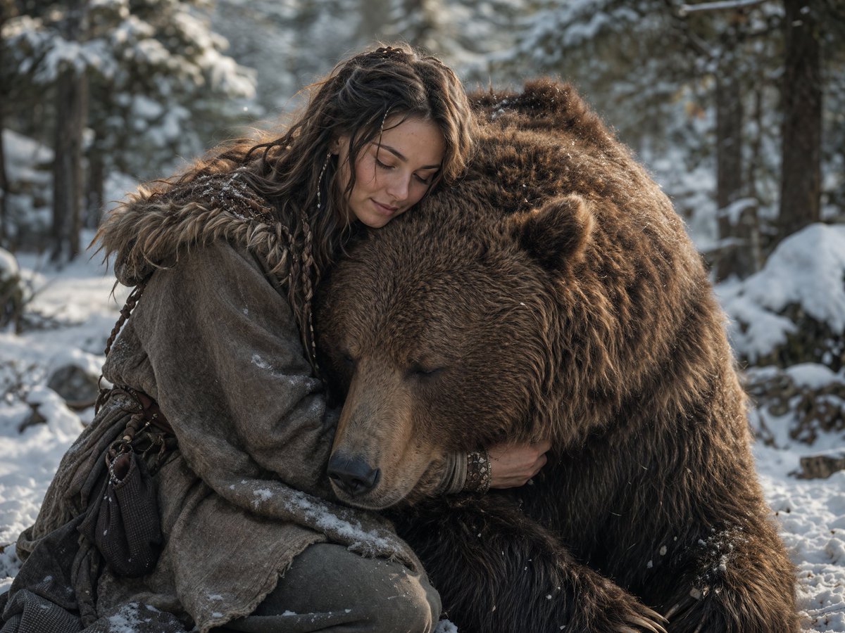 Woman Embracing a Bear in Winter AI image template preview