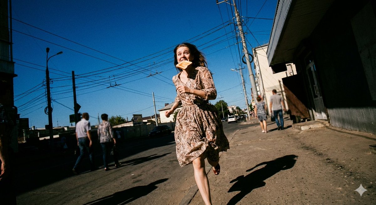 Low-Angle Running Woman Street Photo AI image template preview