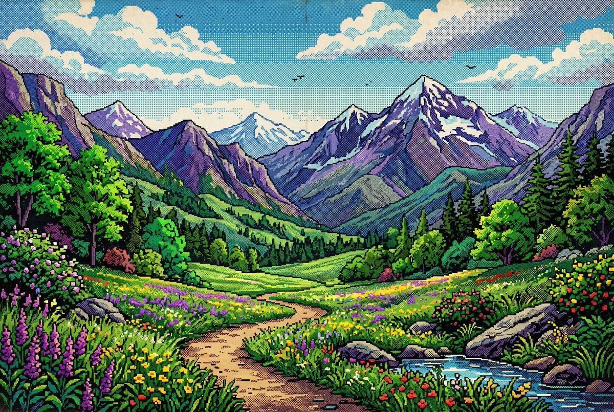 Retro Pixel Mountain Valley AI image template preview