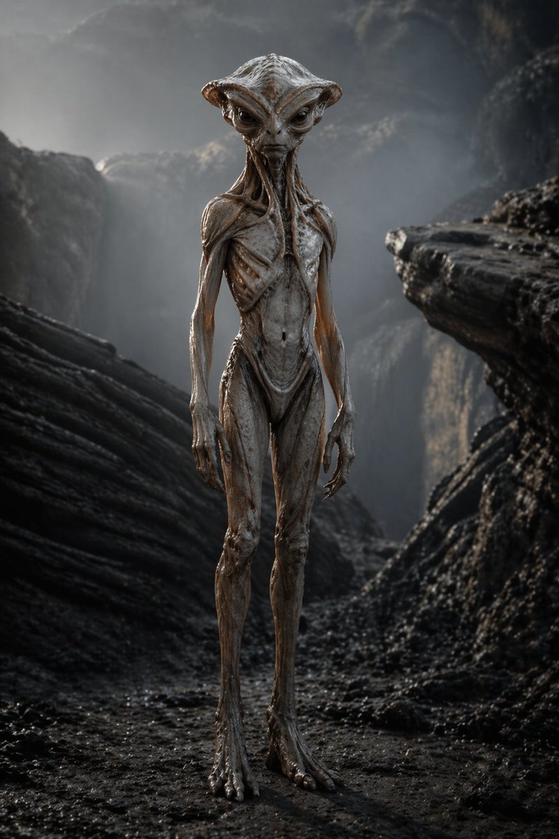 Photoreal Alien in Dark Ravine AI image template preview