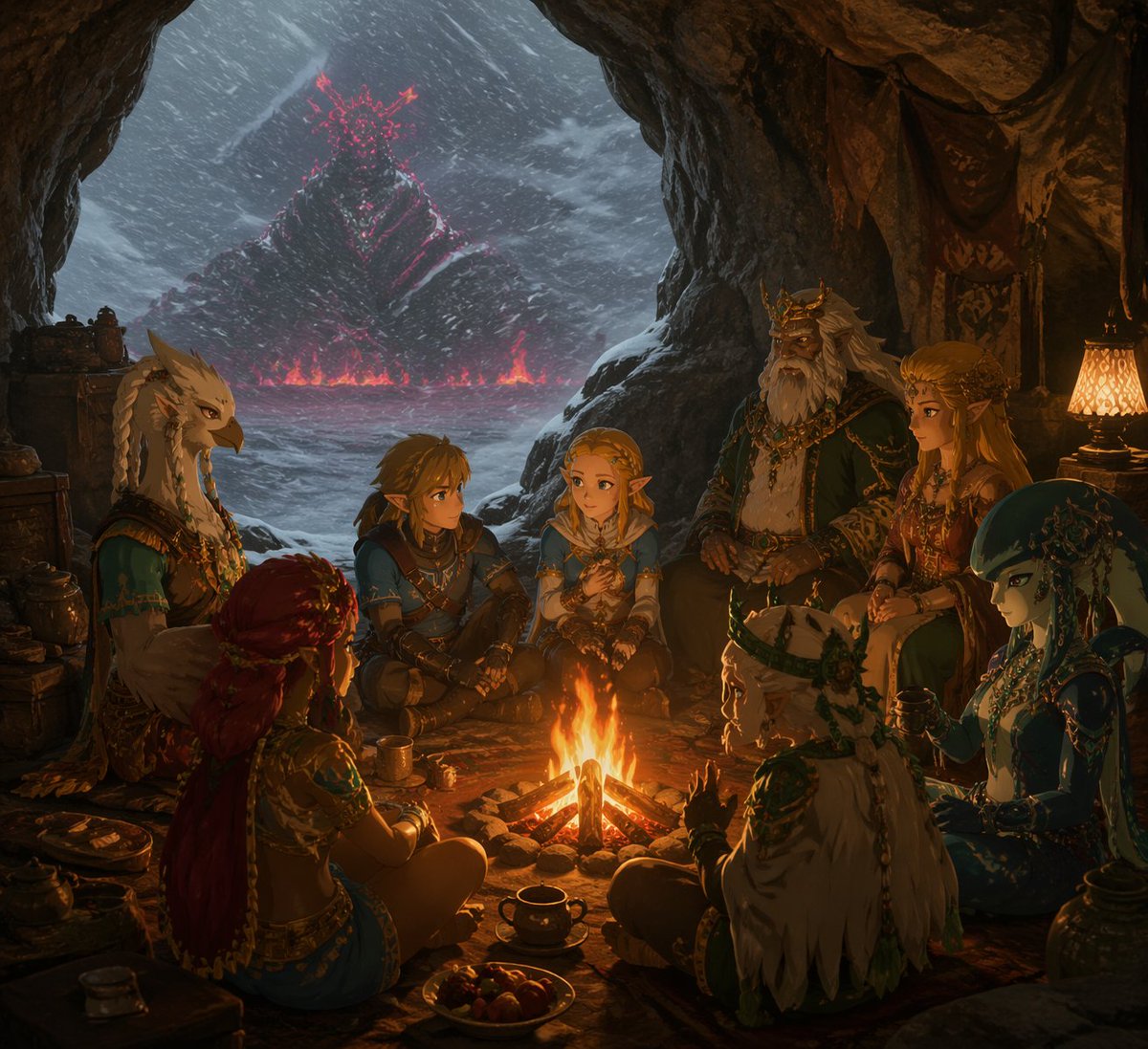 Fantasy Campfire Before a Crimson Mountain AI image template preview