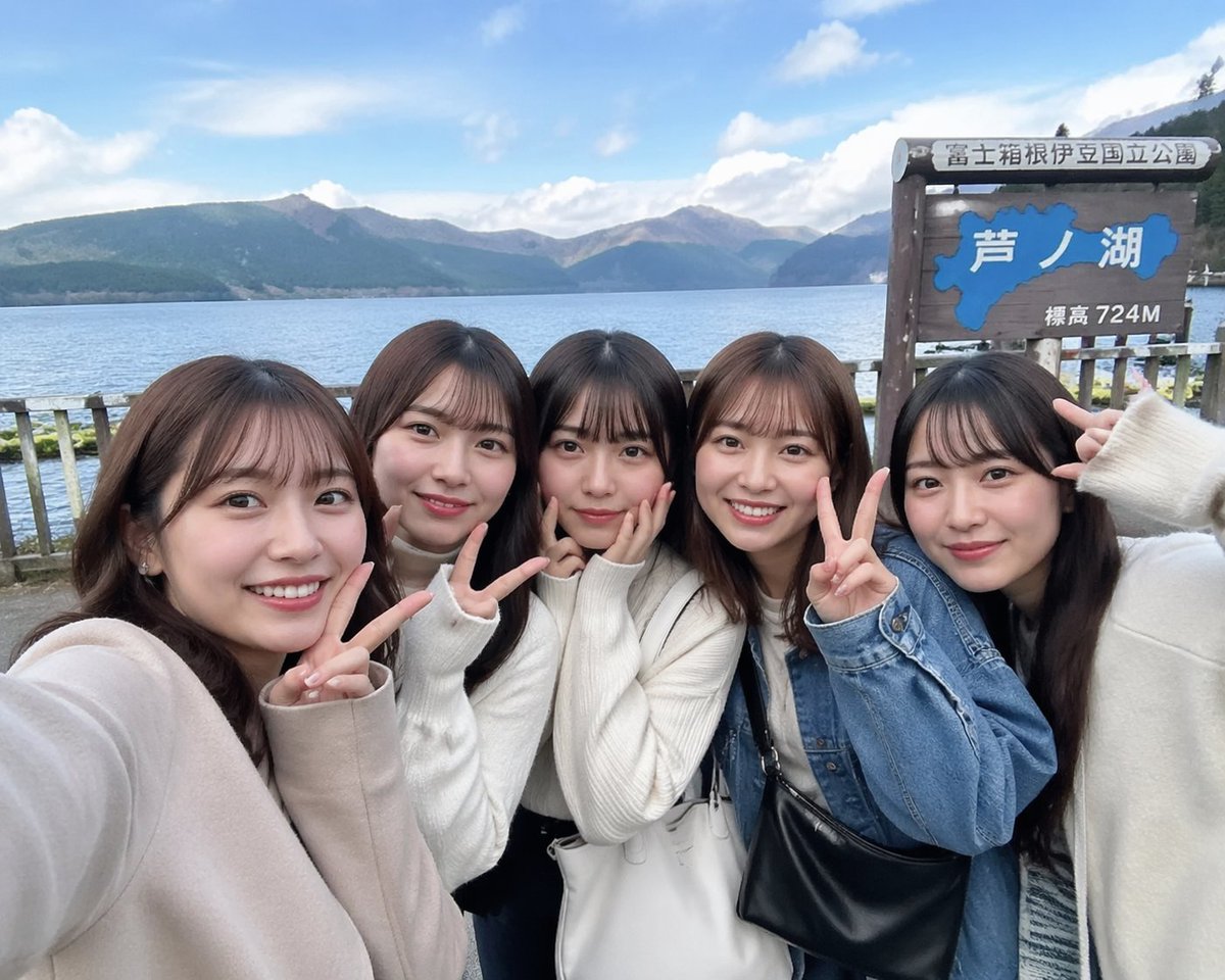 Realistic Friends Trip Selfie at Lake Ashi example 2
