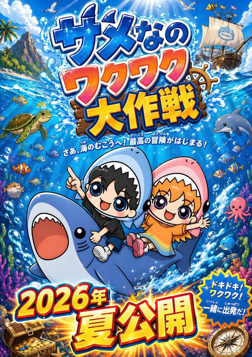 Chibi Shark Adventure Movie Poster AI image template preview