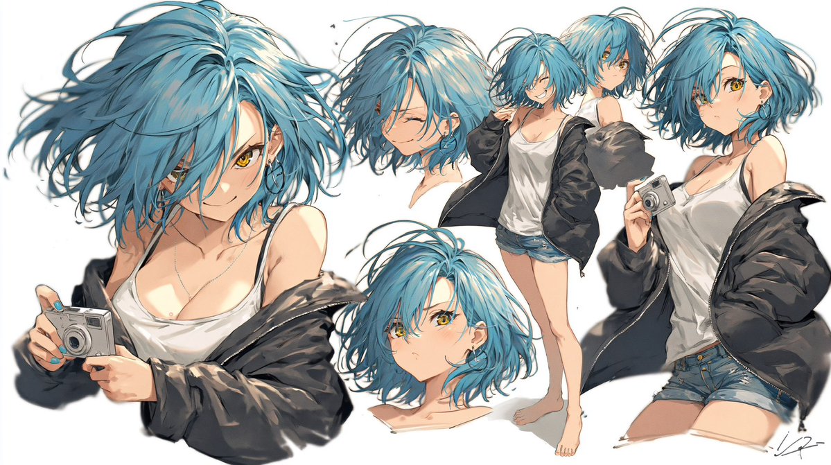 Blue-Haired Anime Character Sheet AI image template preview