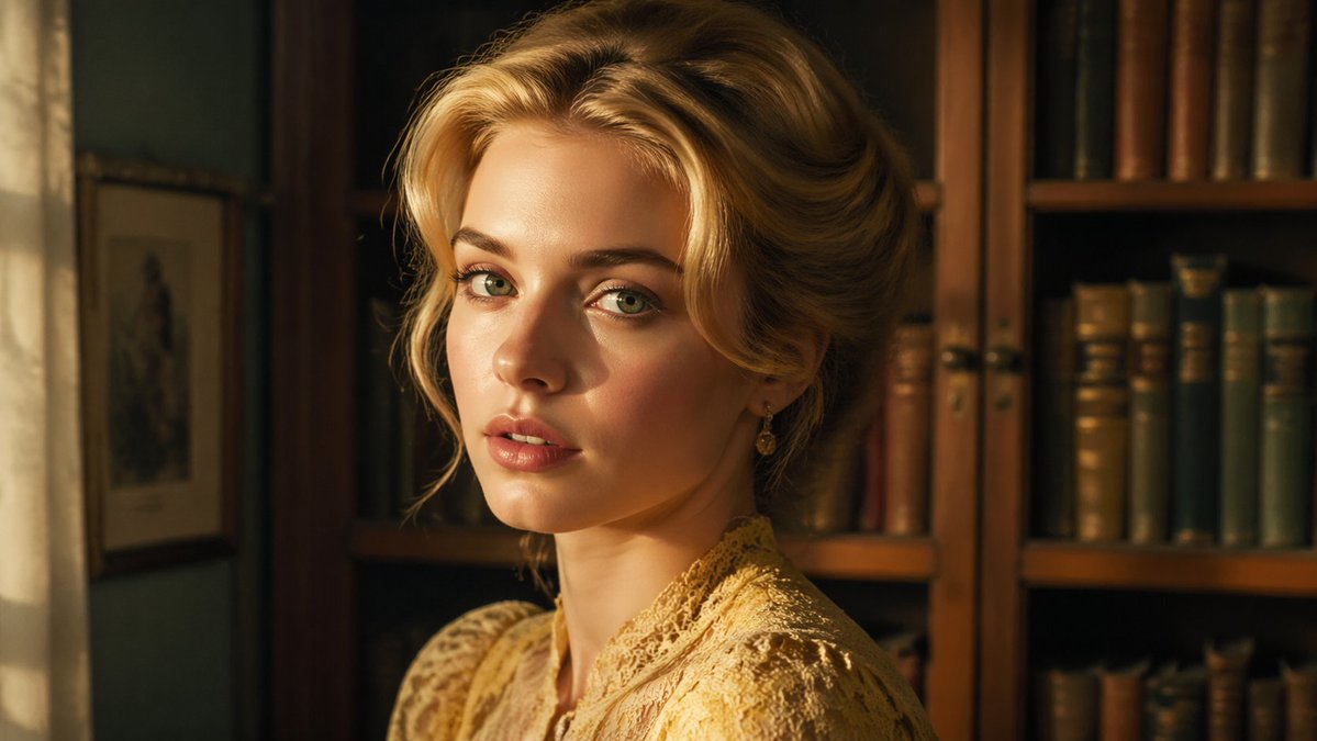 Cinematic Woman in Vintage Library AI image template preview