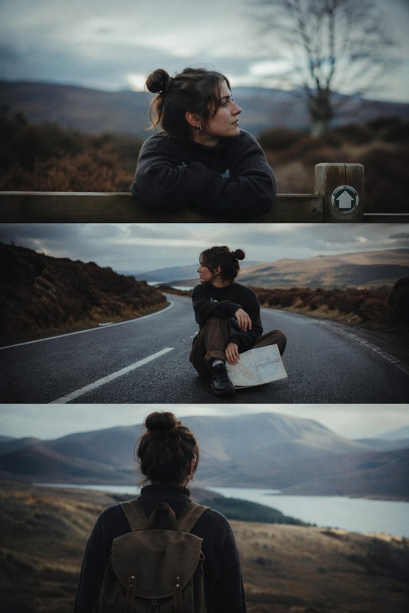Cinematic 3-Frame Solo Travel Stills AI image template preview