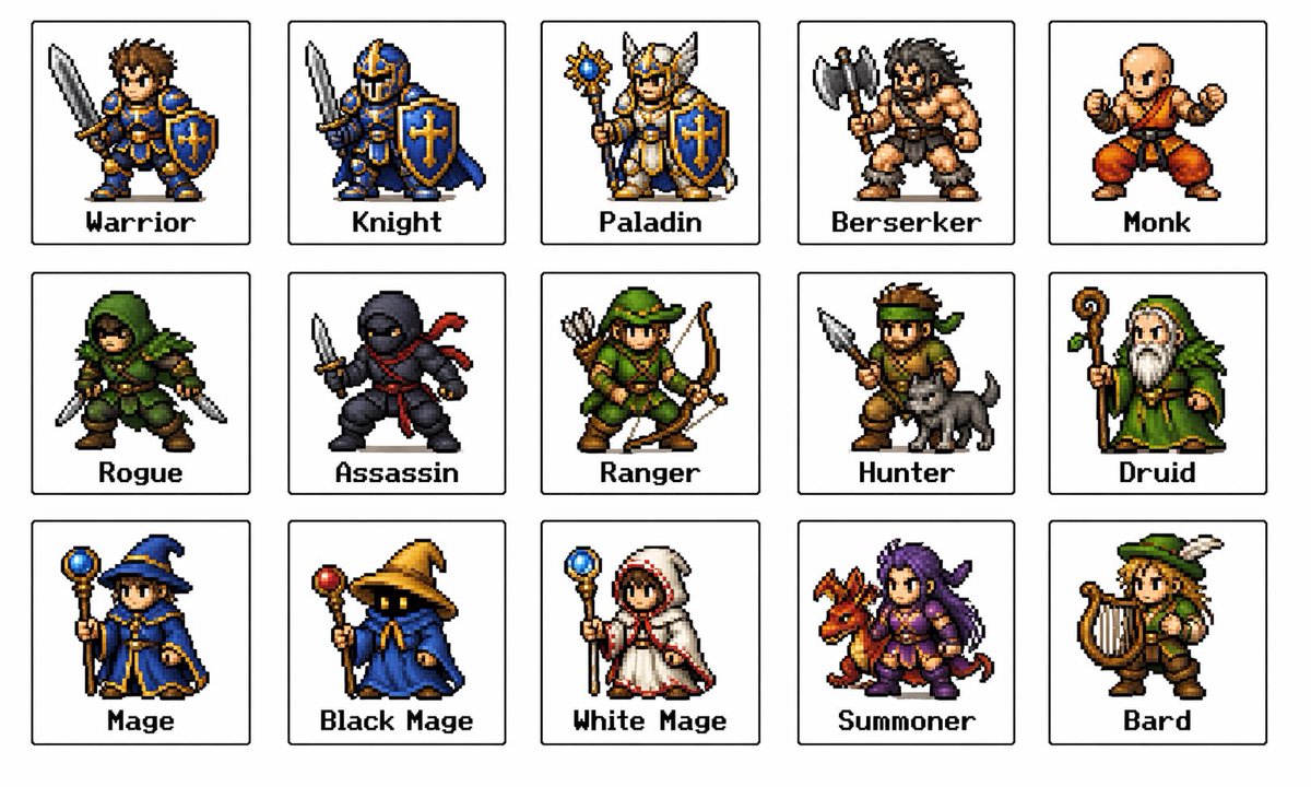 Retro Fantasy Class Sprite Grid AI image template preview