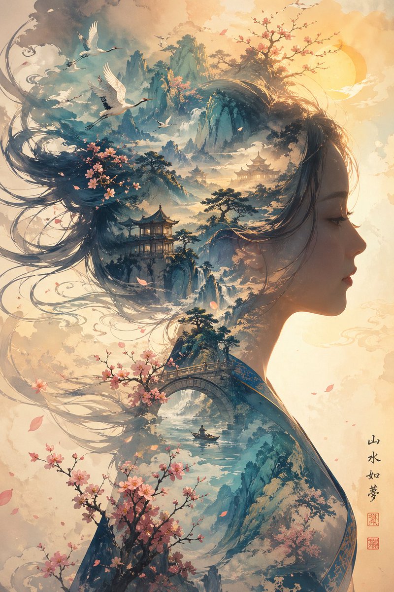 Dreamlike Shanshui Woman Silhouette AI image template preview