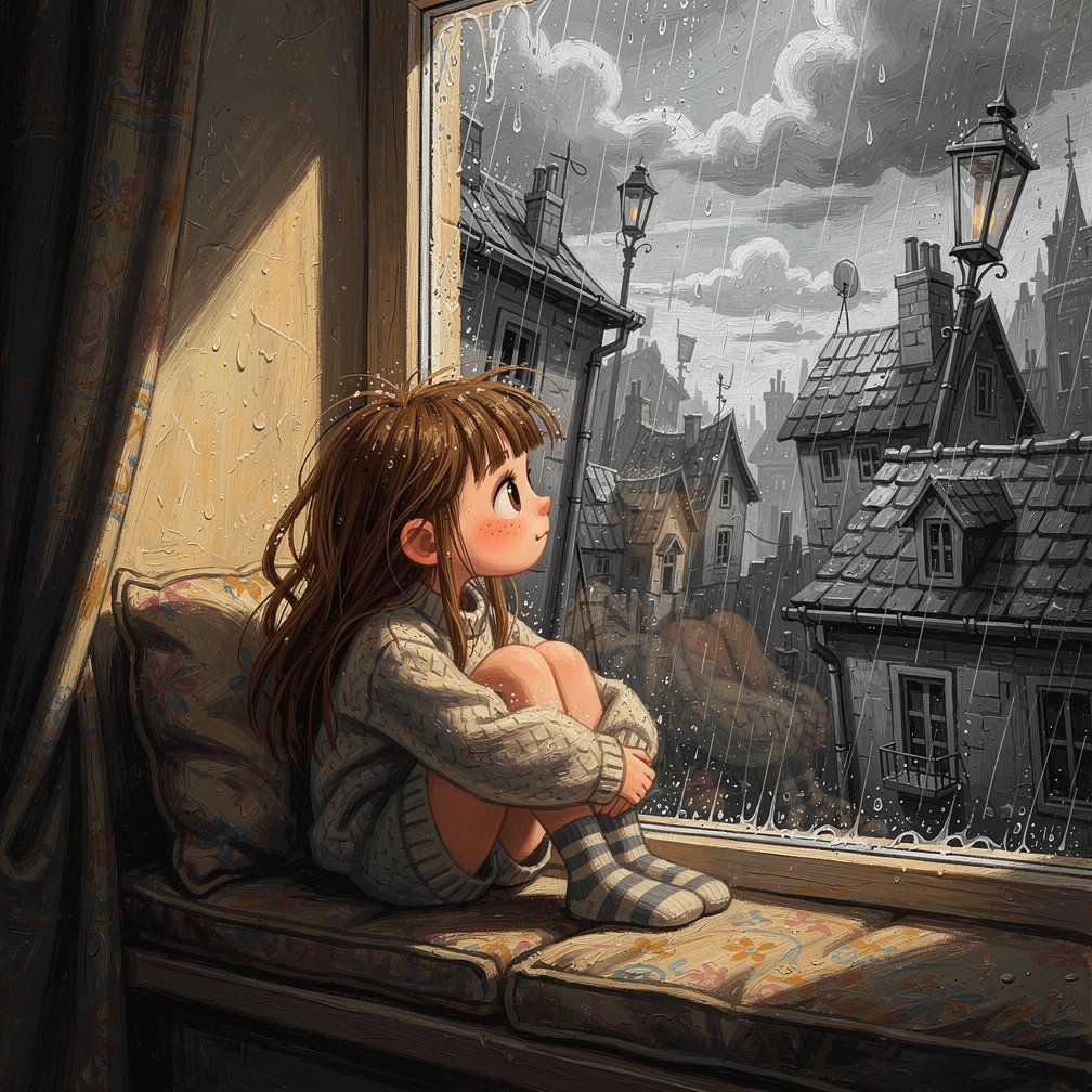 Girl on Window Seat in Rain AI image template preview