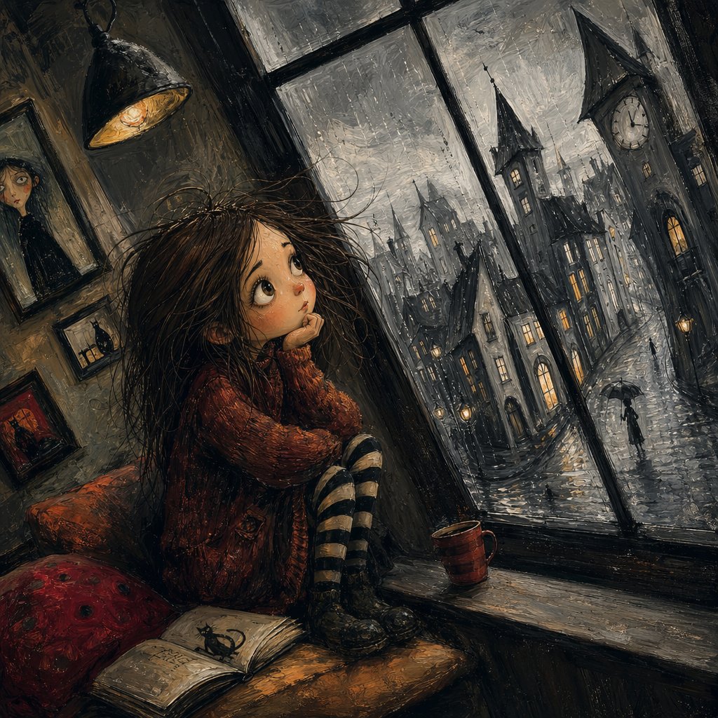 Gothic Girl at Rainy Window AI image template preview