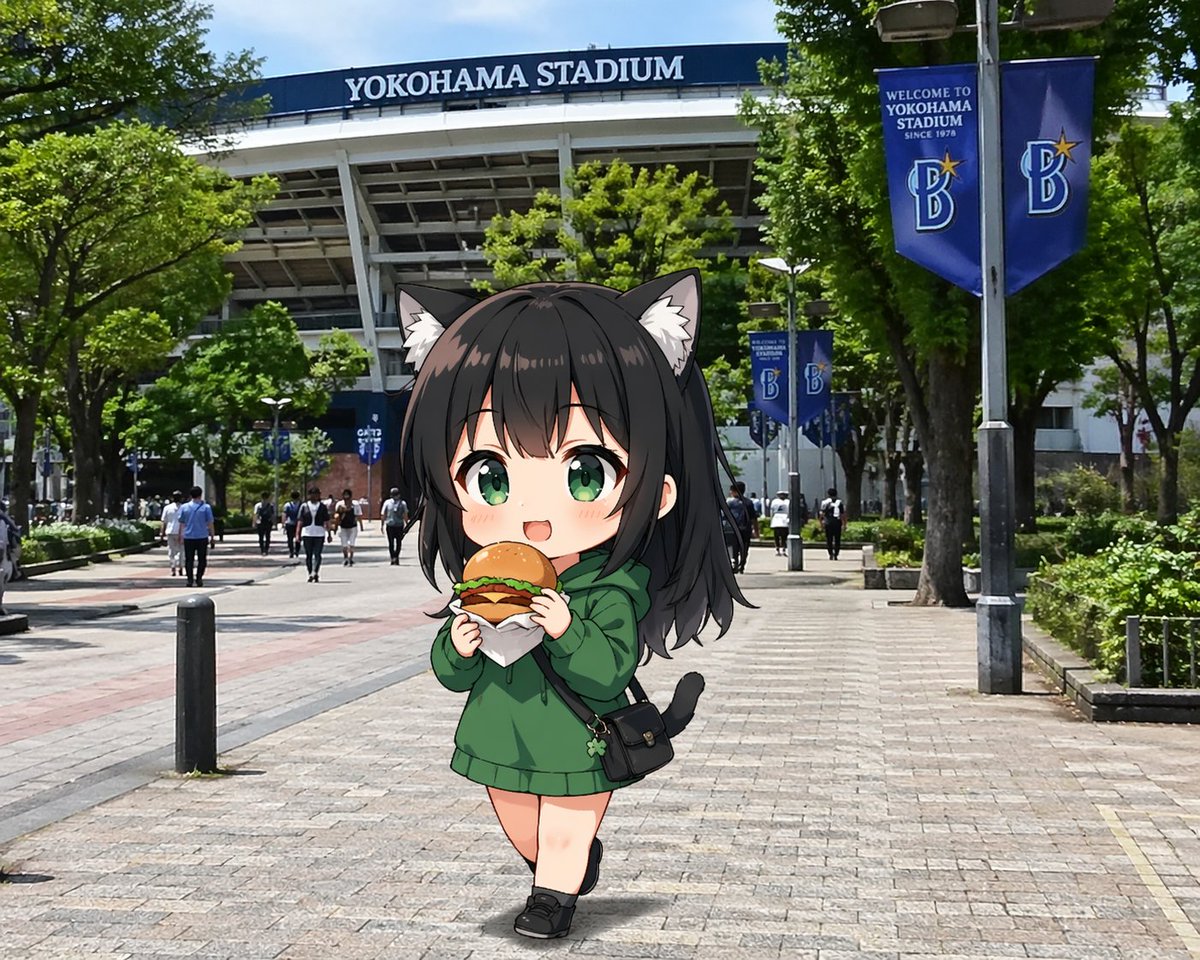 Chibi Catgirl at Yokohama Stadium AI image template preview