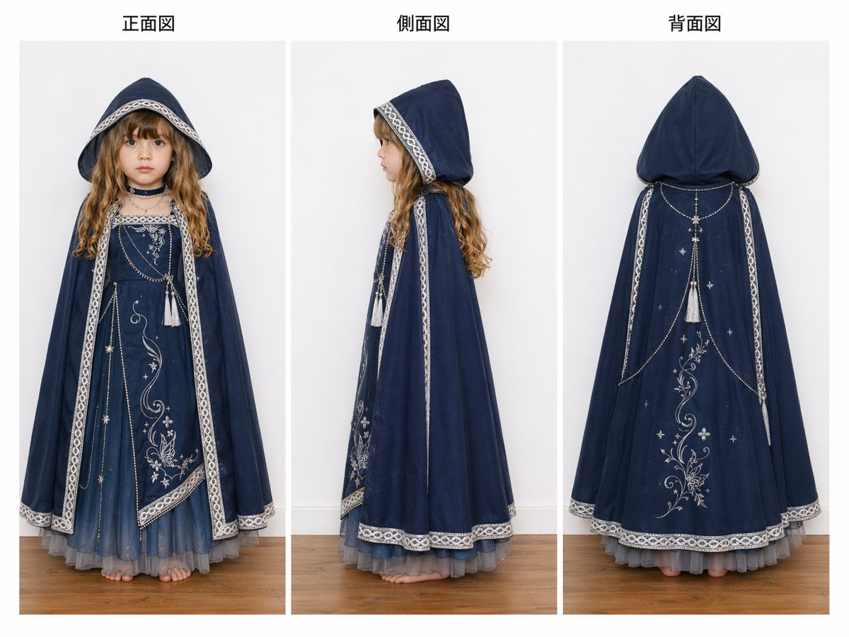 Three-View Hooded Fantasy Dress Sheet AI image template preview