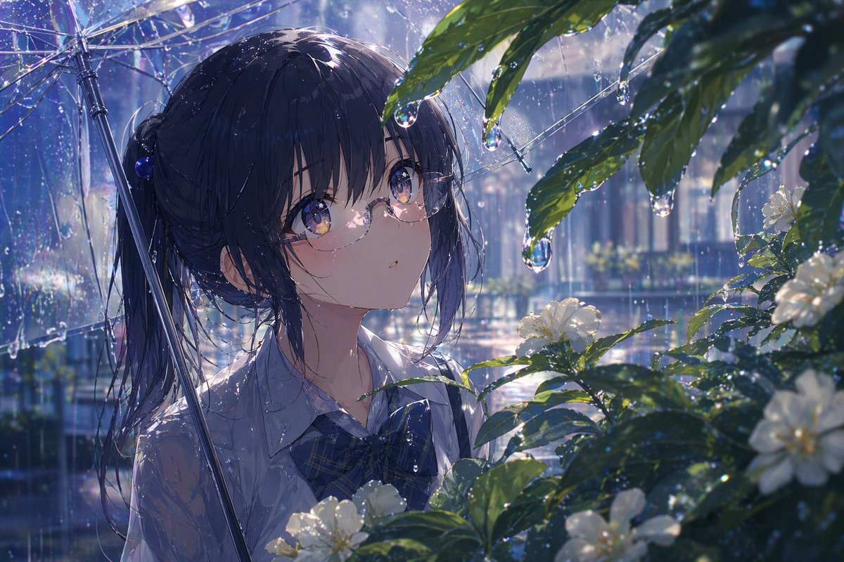 Anime Girl Under Umbrella in Rain AI image template preview