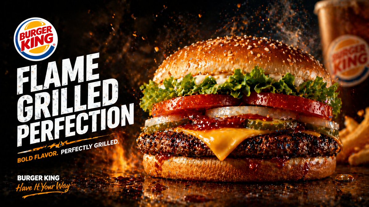 Flame-Grilled Burger Ad Poster AI image template preview