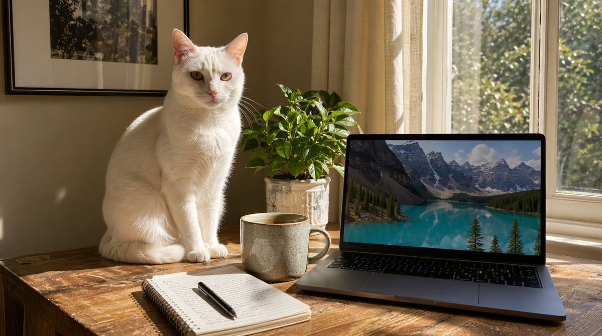 Sunlit Desk with White Cat and Laptop example 2