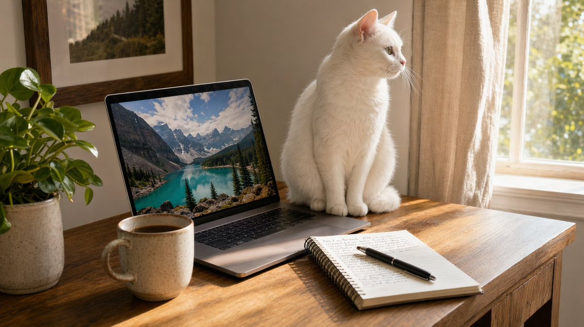 Sunlit Desk with White Cat and Laptop example 3