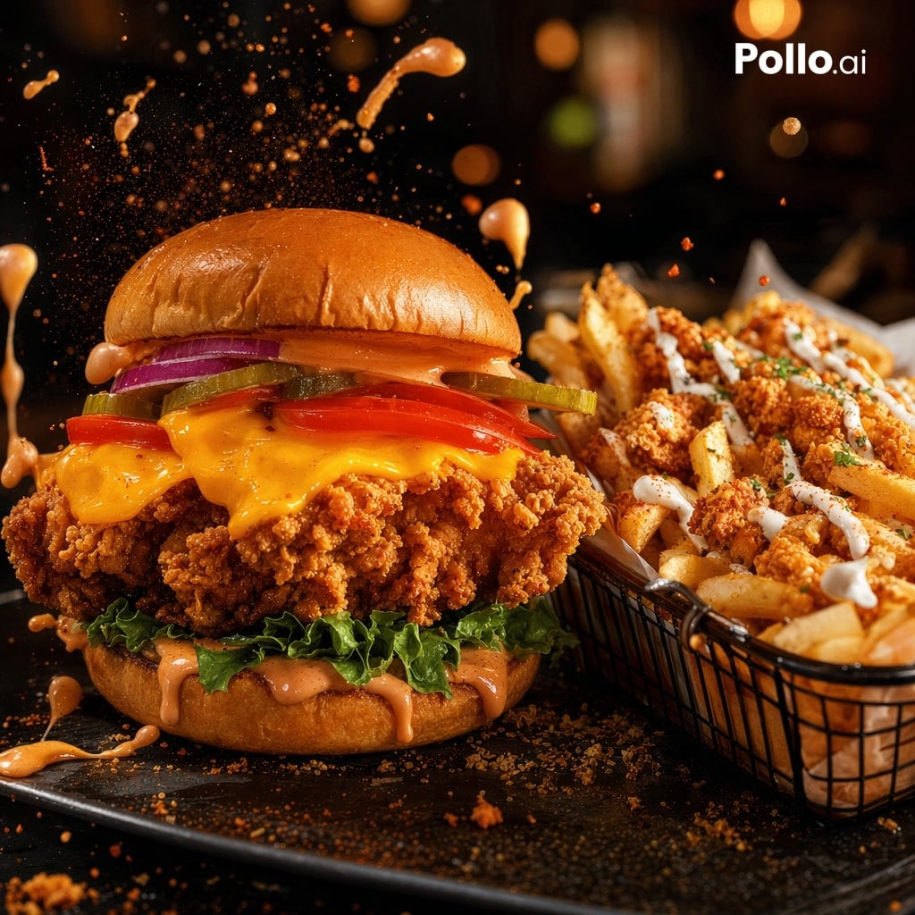 Cinematic Fried Chicken Burger Ad AI image template preview