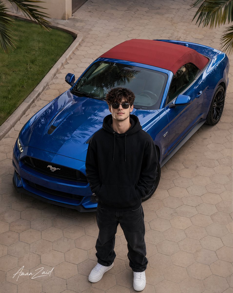 Cinematic portrait of a man with a Ford Mustang AI image template preview