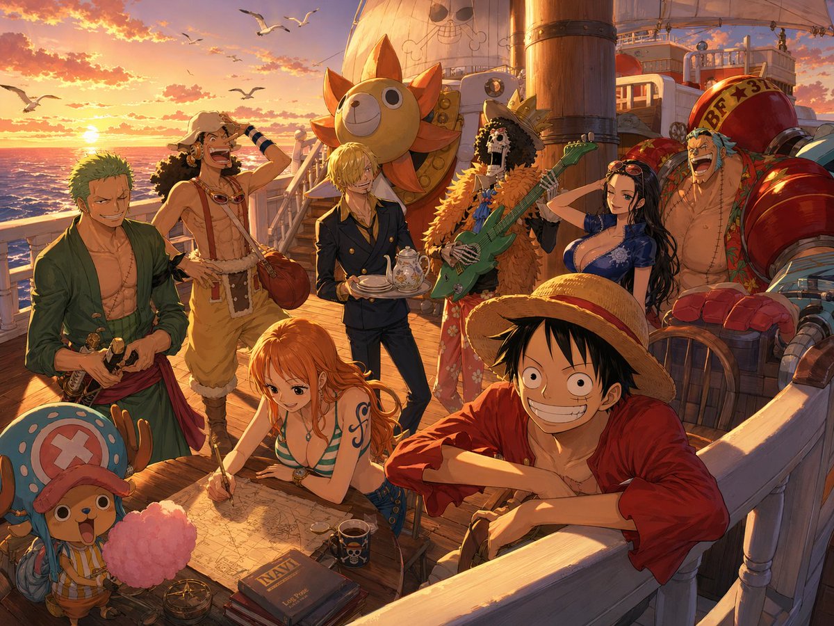 One Piece Straw Hat Crew at Sunset AI image template preview