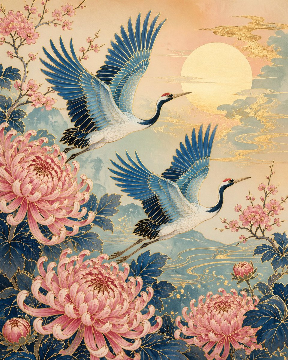 Japanese Crane and Chrysanthemum Art AI image template preview