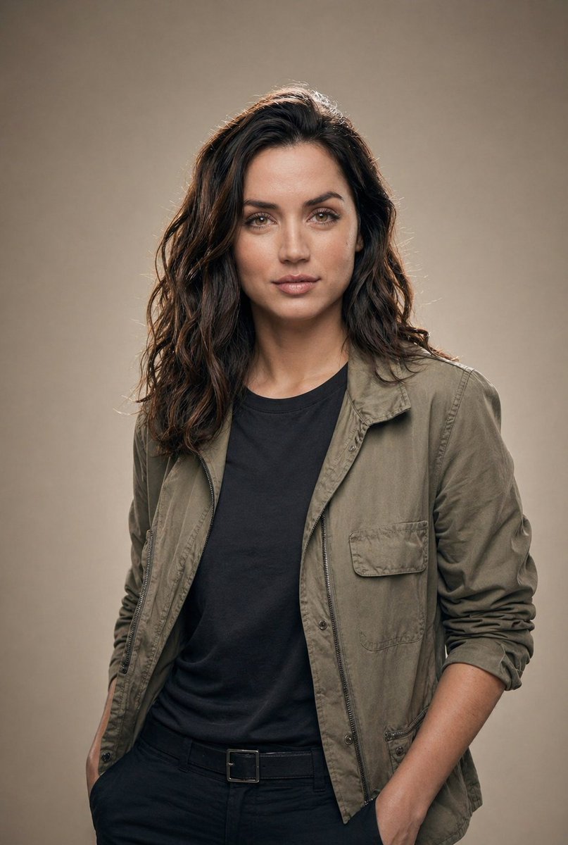 Editorial Studio Portrait in Olive Jacket AI image template preview